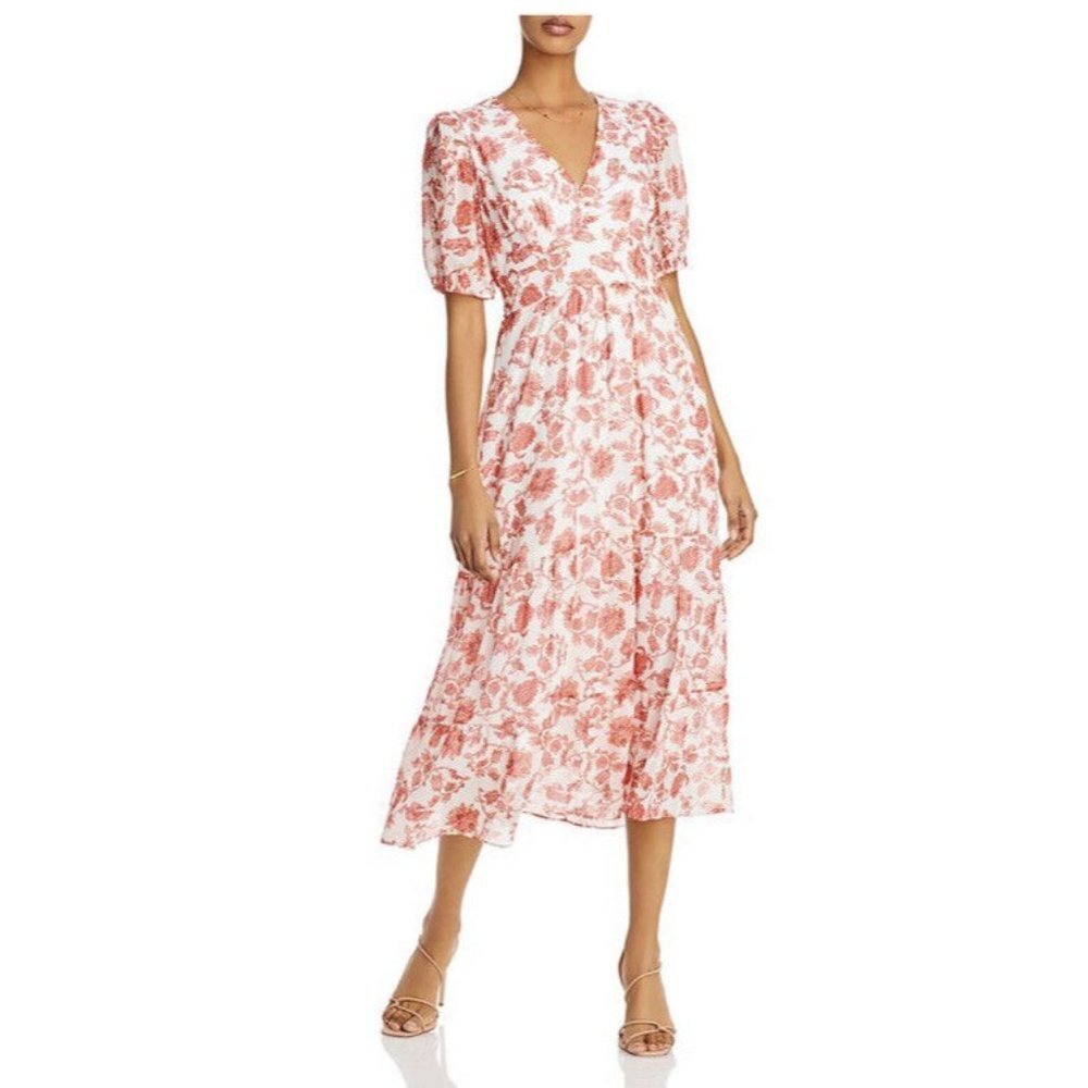 Aqua Womens A Line‎ Midi Dress White Coral Red Floral Smocked V Neck Lined M New